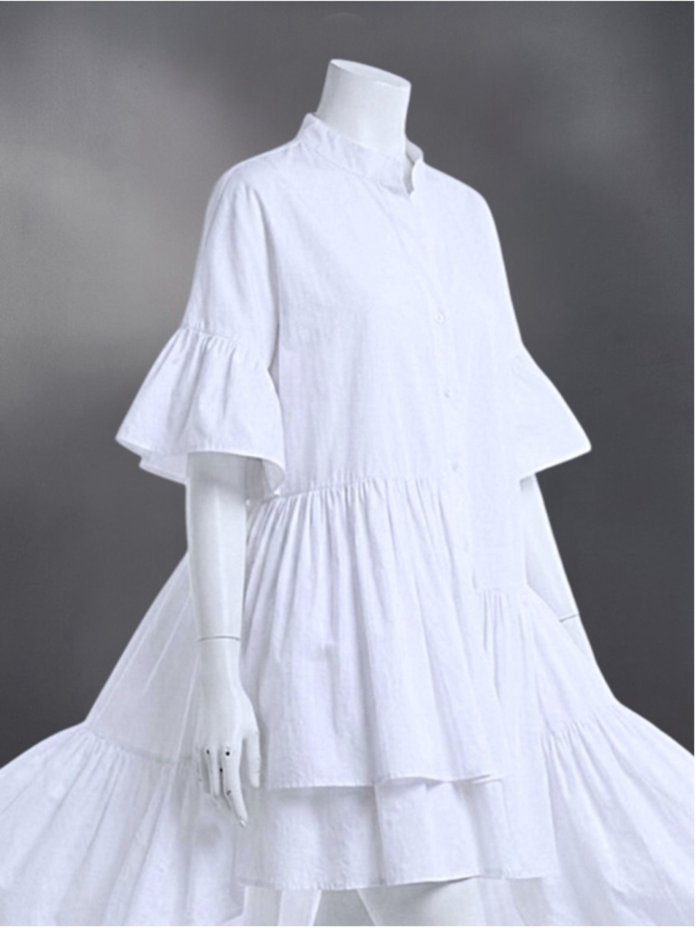 Button Up Asymmetrical Tiered Smock Dress in White – Size S - Picture 10 of 11